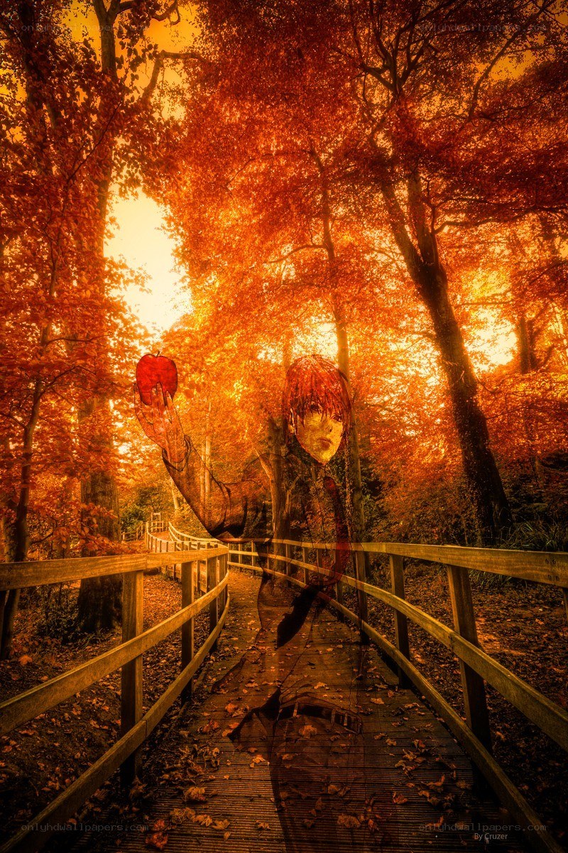 Anime character in autumn forest