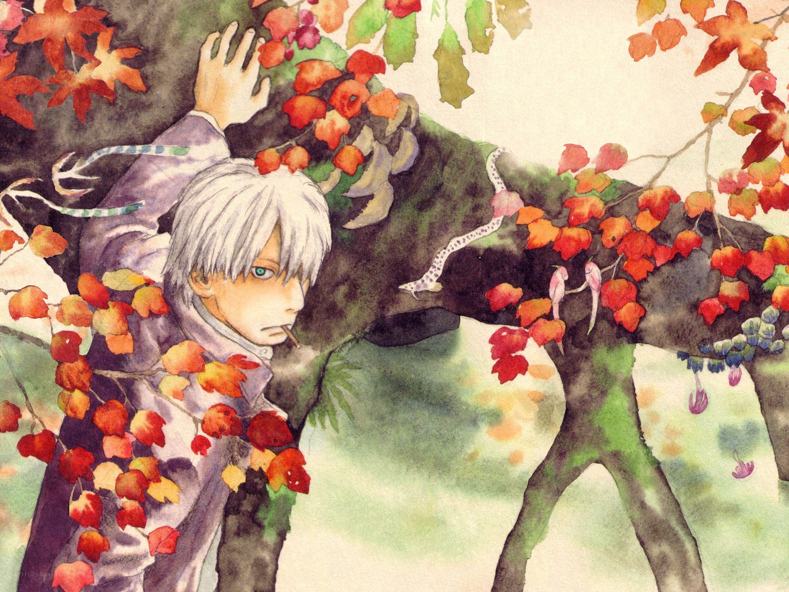 Anime character in autumn forest