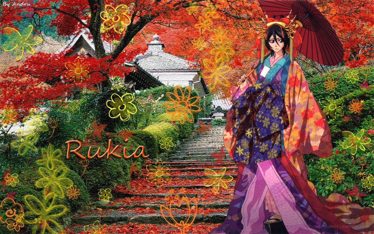Anime character in autumn garden