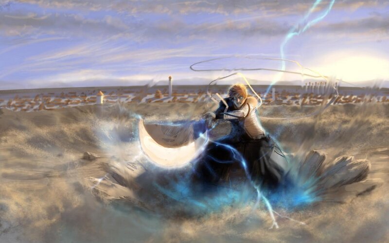 Anime Character in Battle — Blue, Dramatic, Sunset