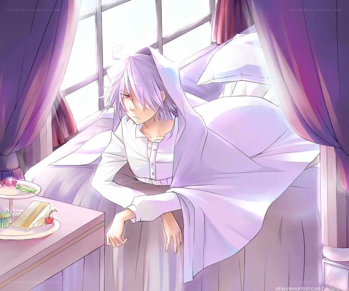 anime character in bed with sweets
