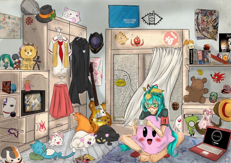 Anime Character in Bedroom — Blue, Chaotic