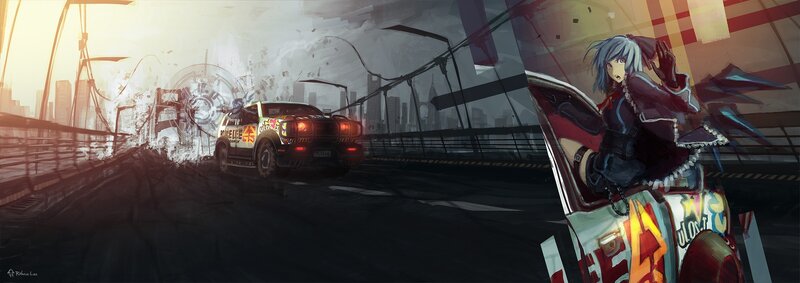 Anime Character in Car — Gray, Dramatic