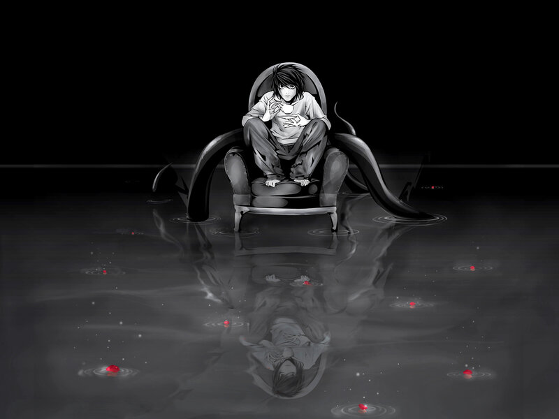 Anime Character in Chair — Black, Dramatic, Night