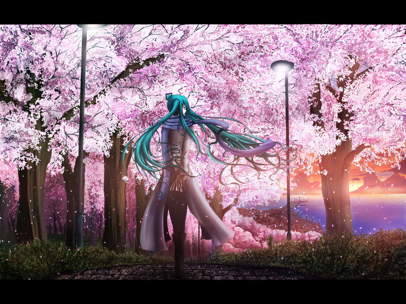 Anime Character in Cherry Blossoms — Pink, Serene, Sunset