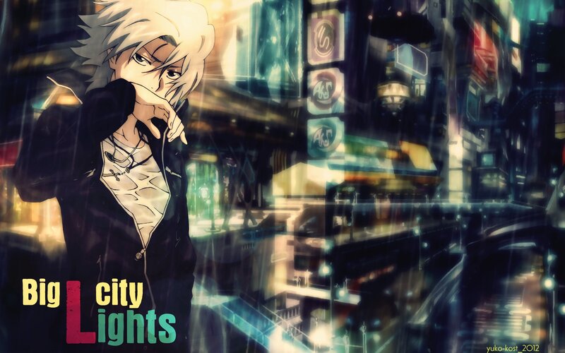 Anime Character in City — Black, Dramatic, Night, City Lights