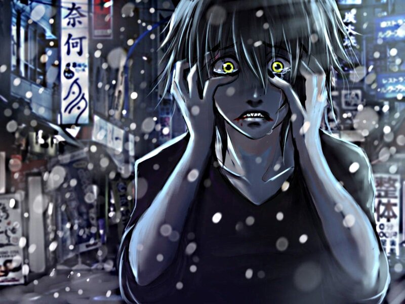 Anime Character in City — Black, Dramatic, Tense