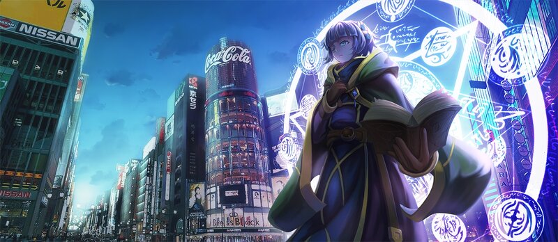 Anime Character in City — Blue, Dramatic, Night, Digital Art