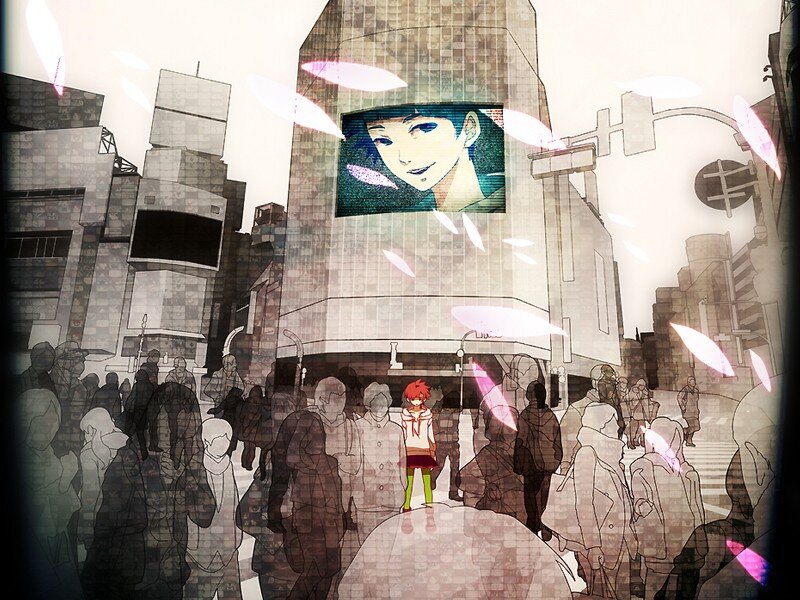 Anime character in city crowd