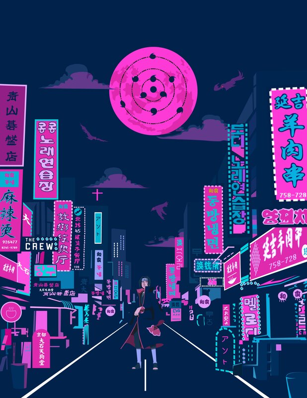 Anime Character in City — Pink, Dramatic, Night