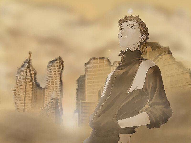 anime character in cityscape