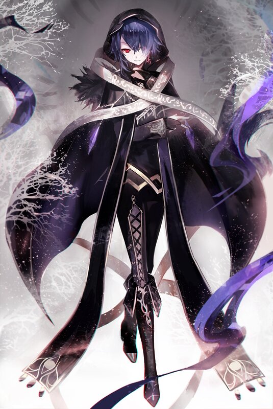 Anime Character in Cloak — Black, Dramatic, Digital Art, Purple Hair