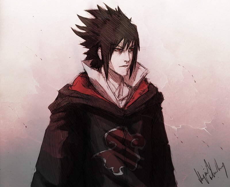 Anime Character in Cloak — Black, Dramatic, Digital Art, Red Eyes