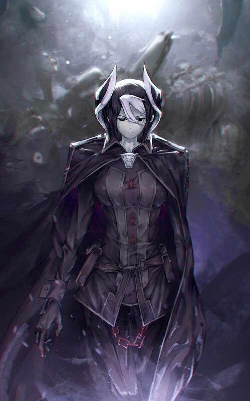 Anime Character in Cloak — Black, Dramatic, Digital Art, Skeletons