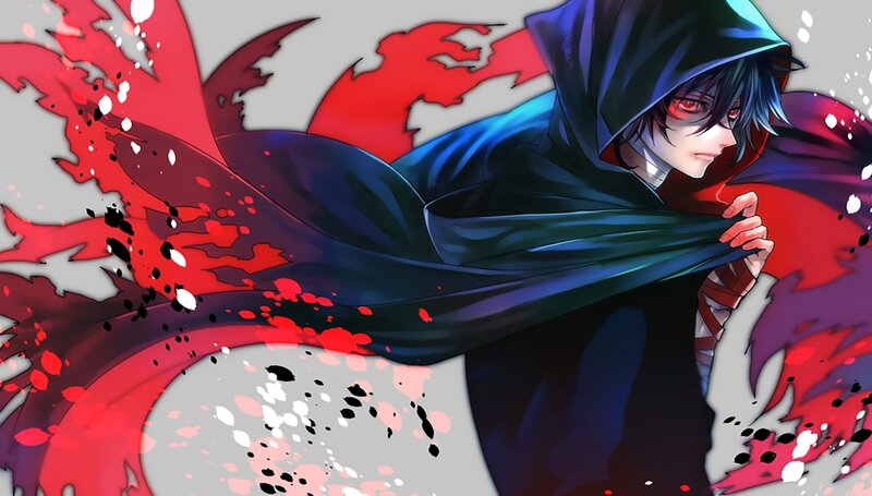 Anime Character in Cloak — Black, Dramatic, Manga, Red Splatters