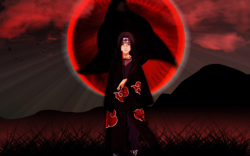 Anime Character in Cloak — Black, Dramatic, Night, Digital Art, Red Moon, Clouds