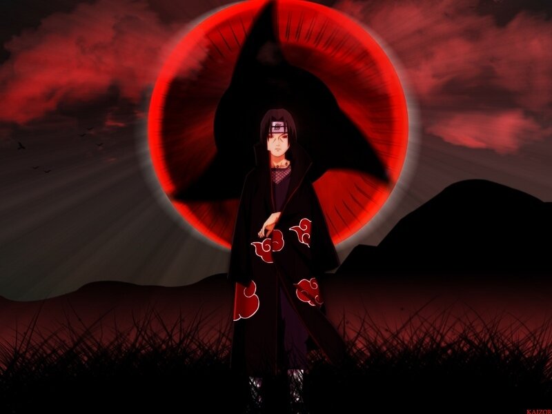 Anime Character in Cloak — Black, Dramatic, Night, Digital Art, Red Sky
