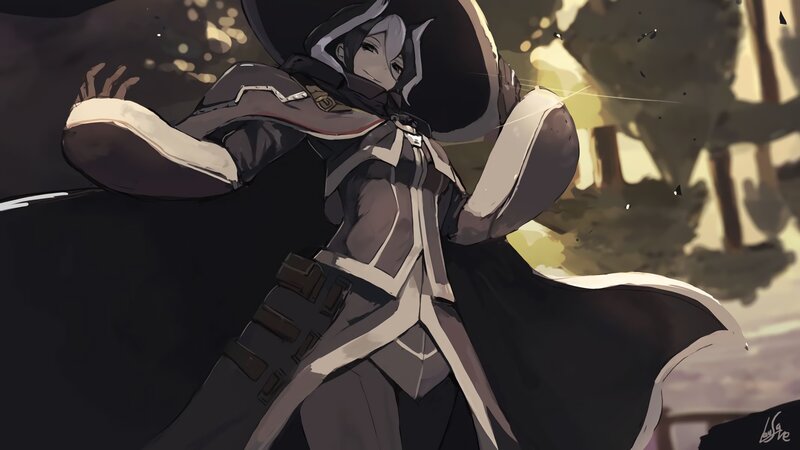 Anime Character in Cloak — Black, Dramatic, Sunset