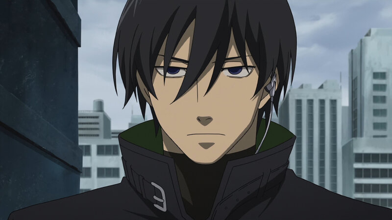 Anime Character in Coat — Black, Serious, Cityscape