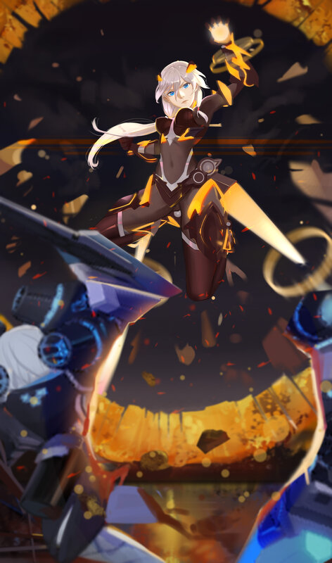 Anime Character in Combat — Black, Dramatic, Digital Art, Mech