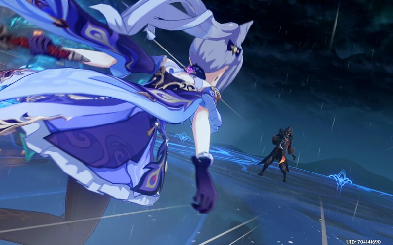 Anime Character in Combat — Blue, Dramatic, Night, Digital Art, Rain