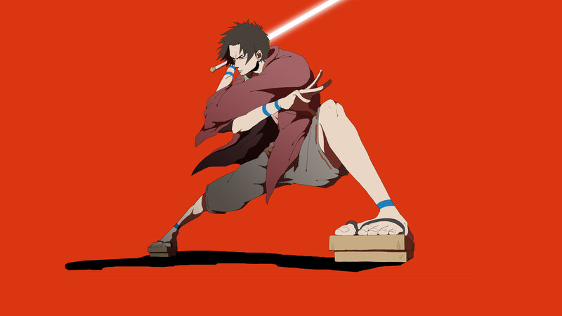 Anime Character in Combat Pose — Red, Dramatic, Sword, Kimono