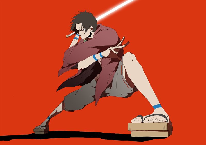 Anime Character in Combat Pose — Red, Dramatic, Sword