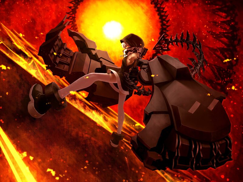 Anime Character in Combat — Red, Dramatic, Digital Art, Mechanical Arms