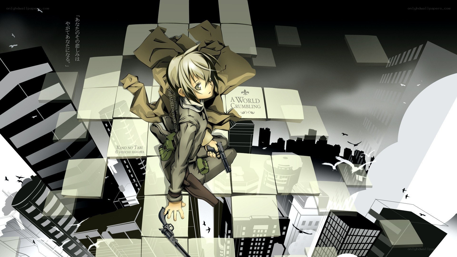 Anime character in crumbling world