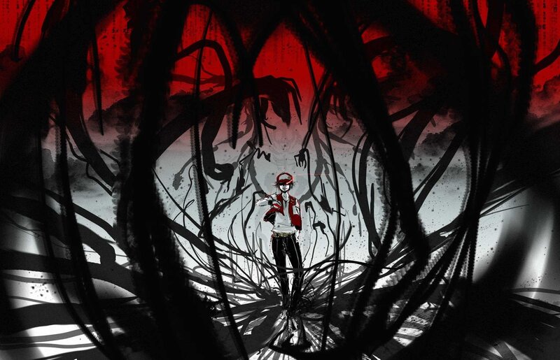 Anime Character in Dark Forest — Black, Dramatic, Tense