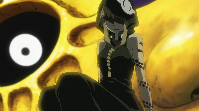 Anime Character in Dark Outfit — Black, Dramatic, Yellow Background
