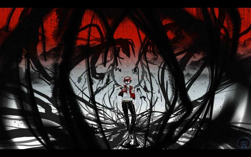 Anime Character in Dark Setting — Black, Dramatic, Intense