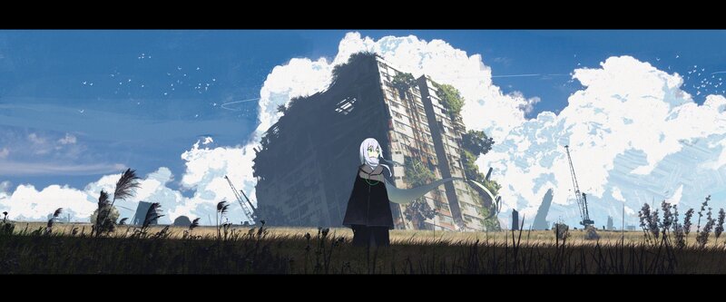 Anime Character in Field — Blue, Dramatic, Afternoon