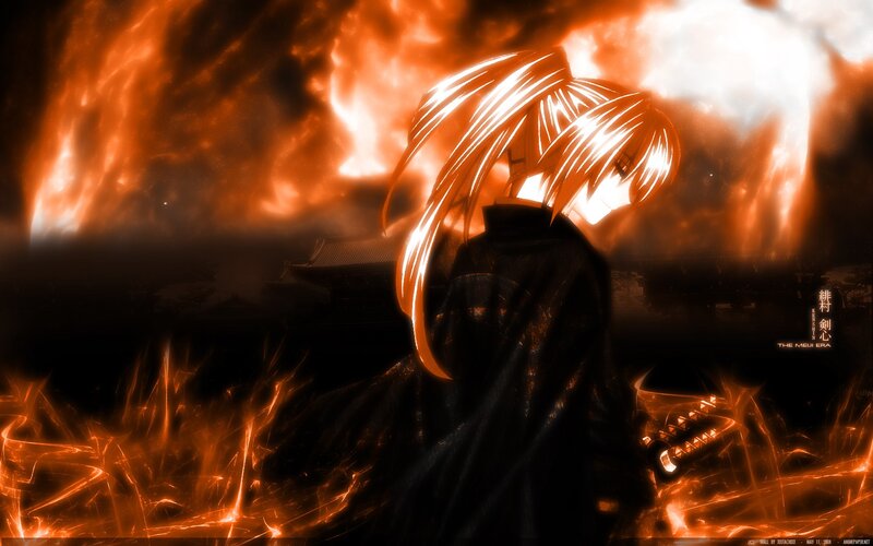 Anime character in fiery landscape