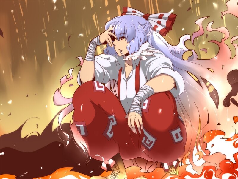 Anime character in fiery scene