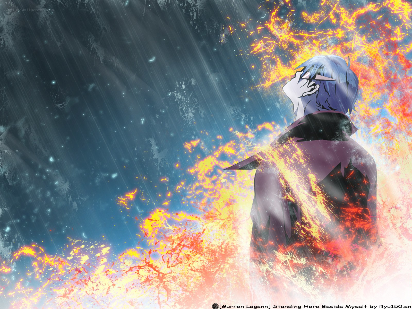 Anime character in fire and rain
