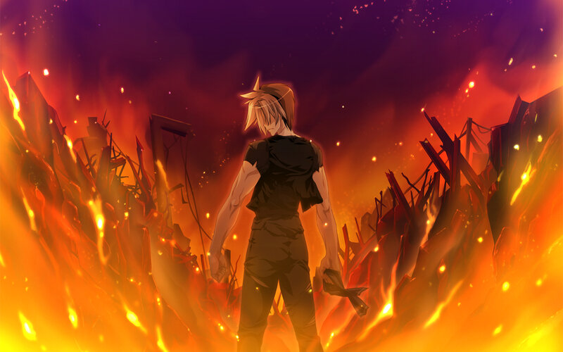 Anime Character in Fire — Orange, Dramatic, Night