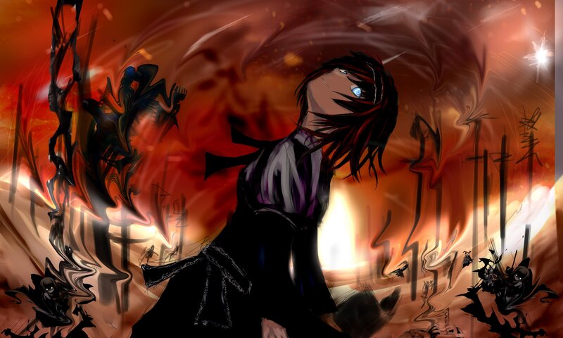 Anime Character in Fire — Red, Dramatic, Digital Art, Dark Figures, Flames