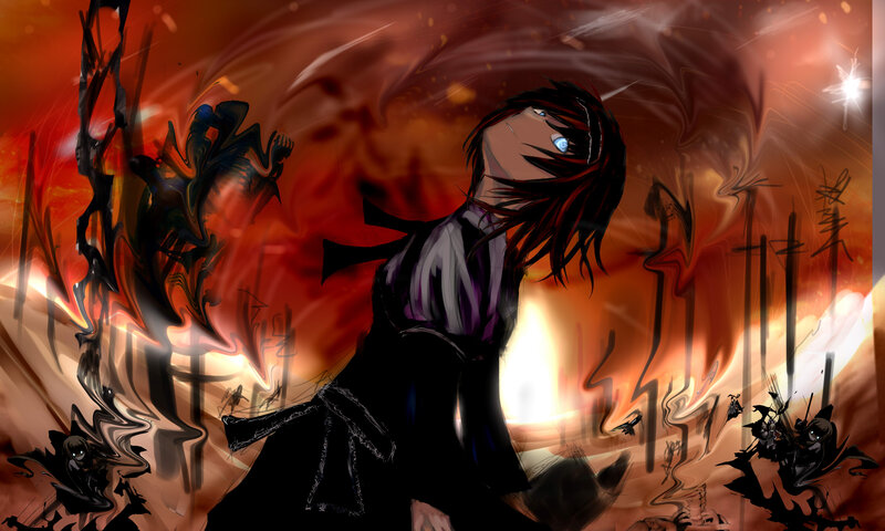 Anime Character in Fire — Red, Dramatic, Digital Art, Dark Figures