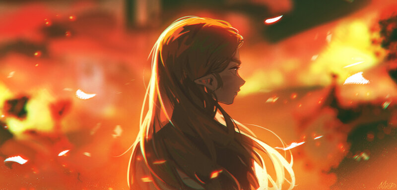 Anime Character in Fire — Red, Dramatic, Digital Art, Flames, Silhouette