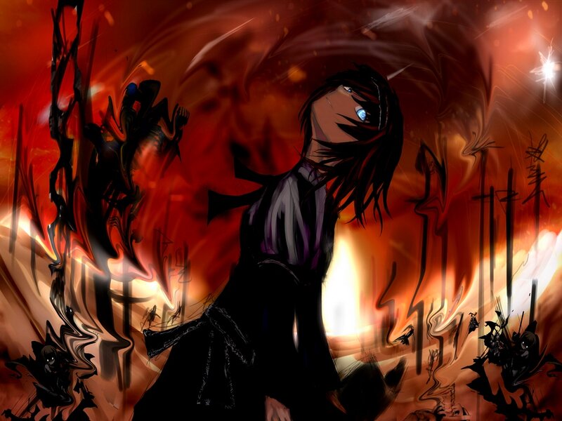 Anime Character in Fire — Red, Dramatic, Digital Art, Silhouette