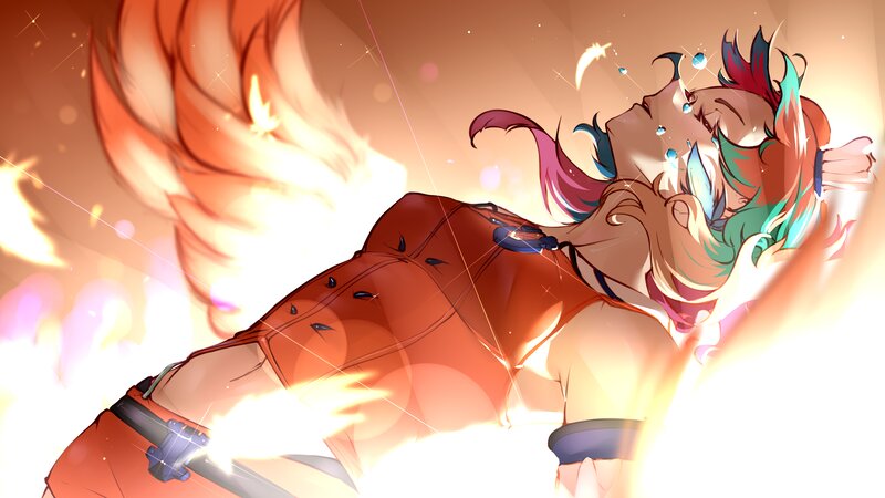 Anime Character in Flames — Orange, Dramatic, Digital Art, Fire