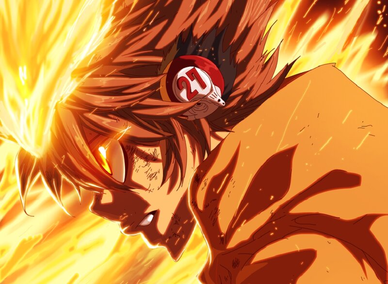 Anime Character in Flames — Orange, Dramatic, Manga, Headband