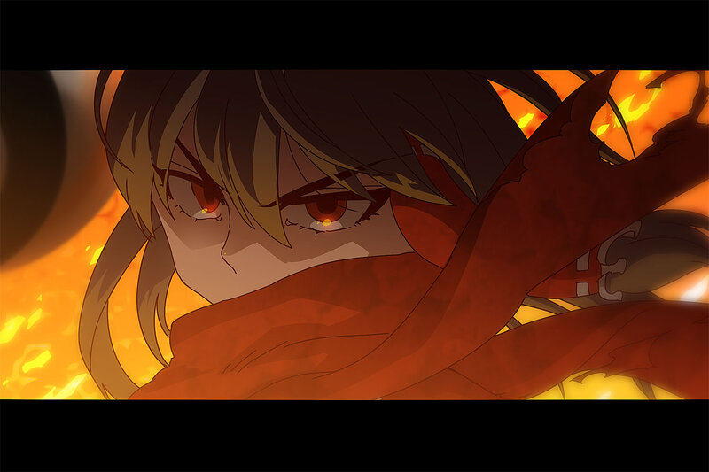 Anime Character in Flames — Orange, Dramatic, Scarf