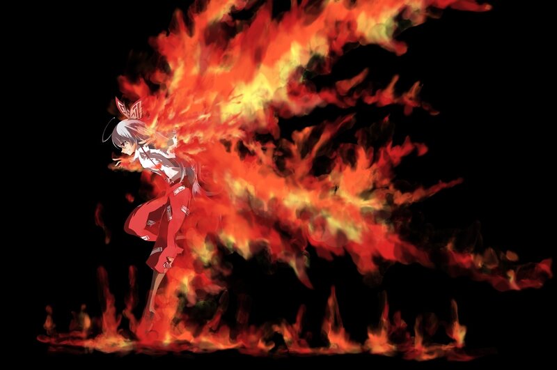 Anime Character in Flames — Red, Dramatic, Digital Art, Fire, Black Background