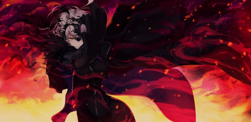 Anime Character in Flames — Red, Dramatic, Digital Art, Fire, Cloak