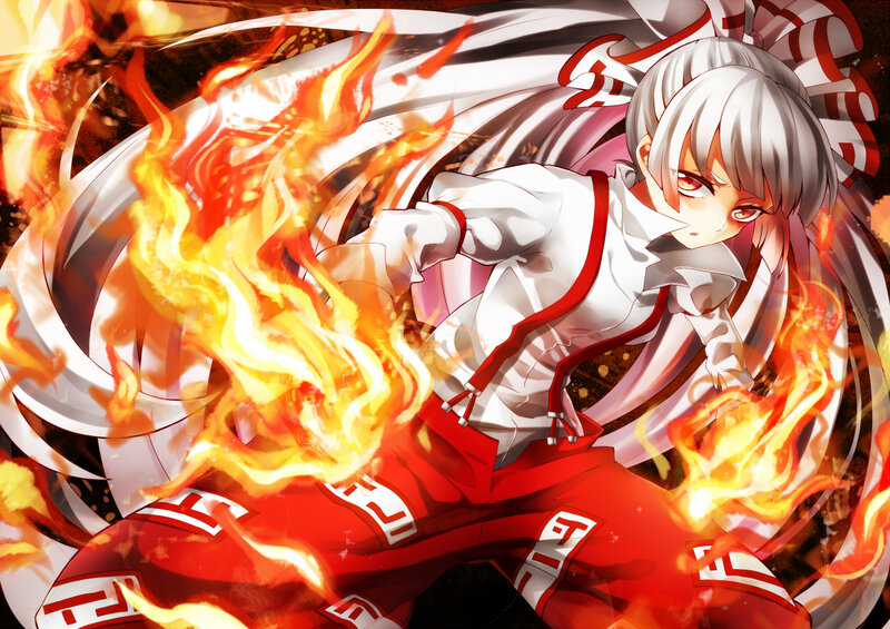 Anime Character in Flames — Red, Dramatic, Fire, White Hair