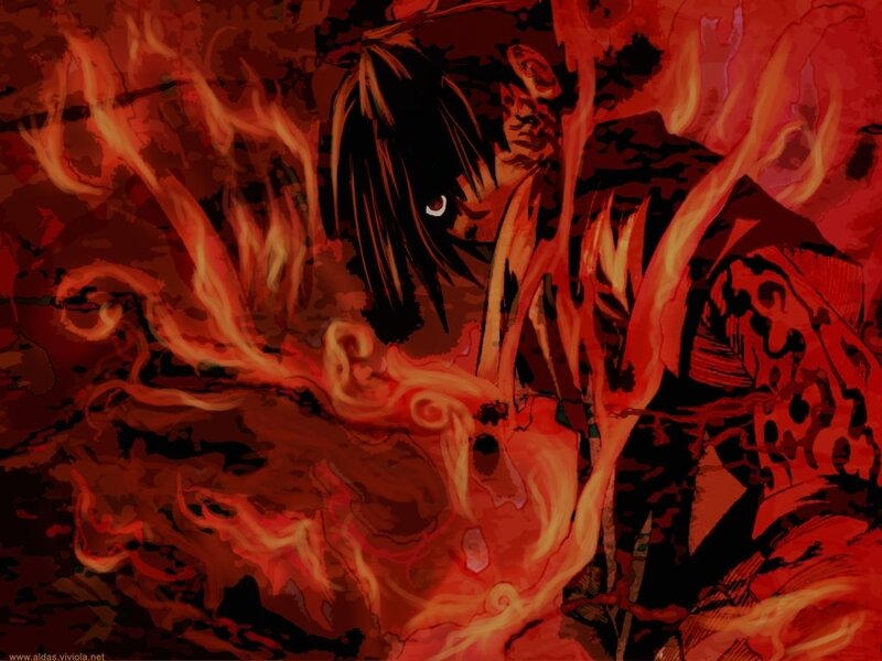 Anime Character in Flames — Red, Dramatic, Manga, Fire, Dark Hair