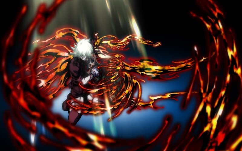 Anime Character in Flames — Red, Dramatic, White Hair