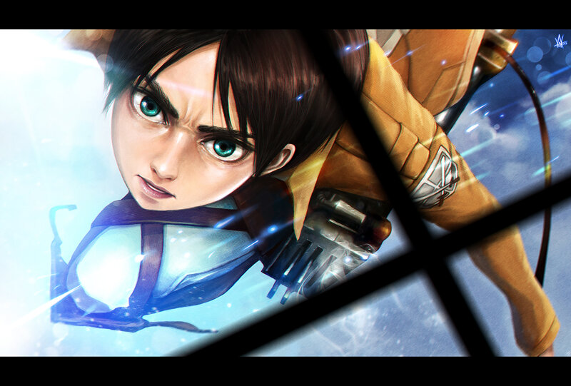Anime Character in Flight — Blue, Dramatic, Digital Art, Green Eyes